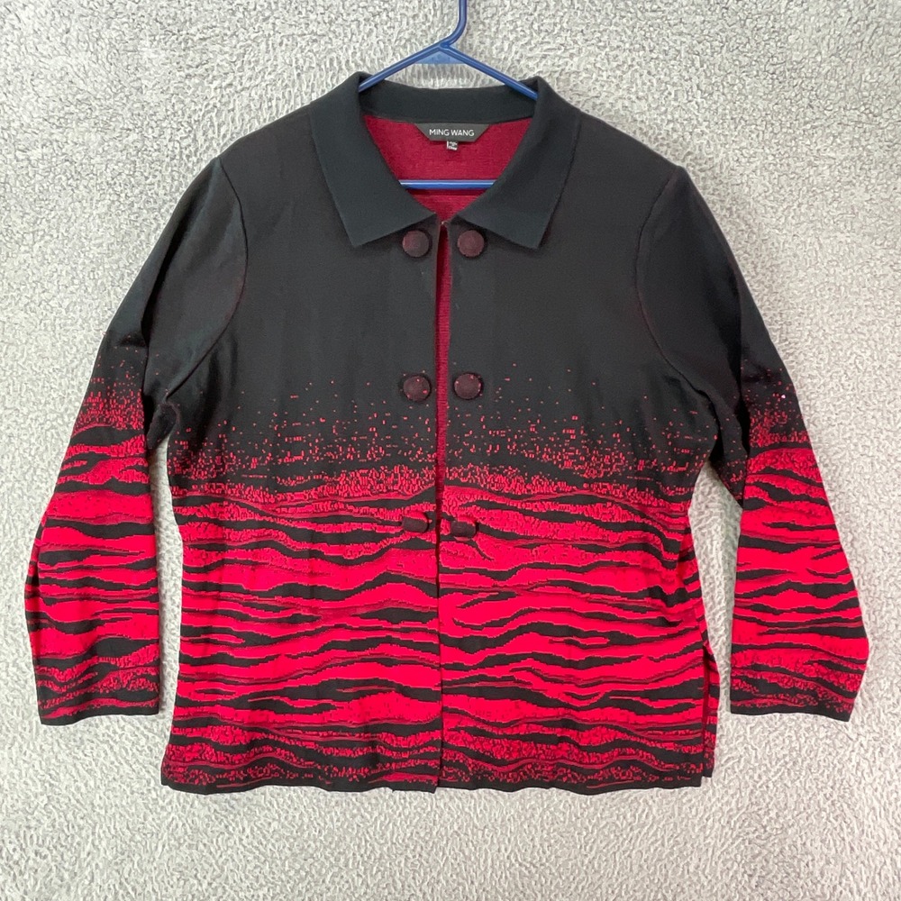 Ming Wang Knit Jacket Women 1X Red Black Excellent Ombre Tiger Stripe Collared